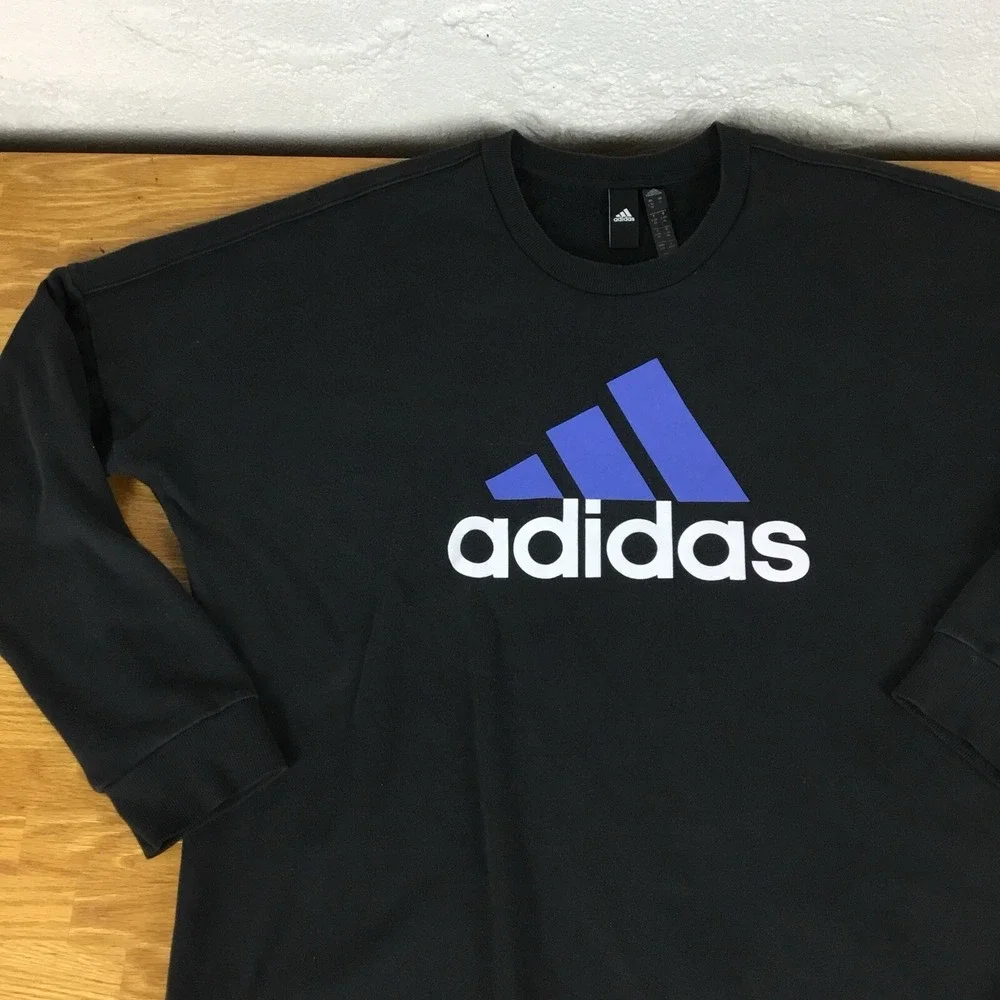 Adidas Mens Crewneck Sweatshirt Black Blue Logo Pullover Large FS2NJ5K - Picture 6 of 8